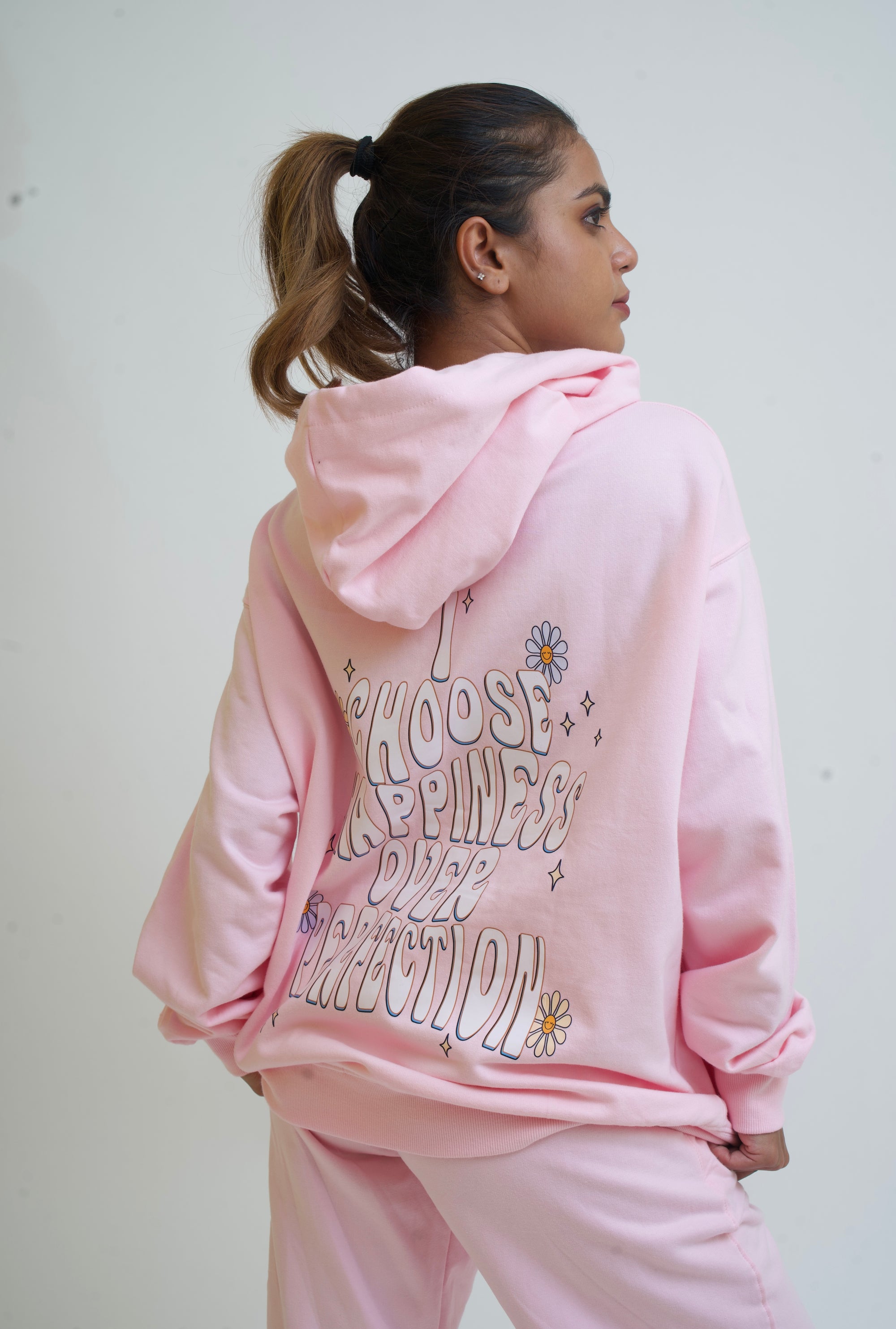 Women Oversized Baby Pink Happiness Hoodie