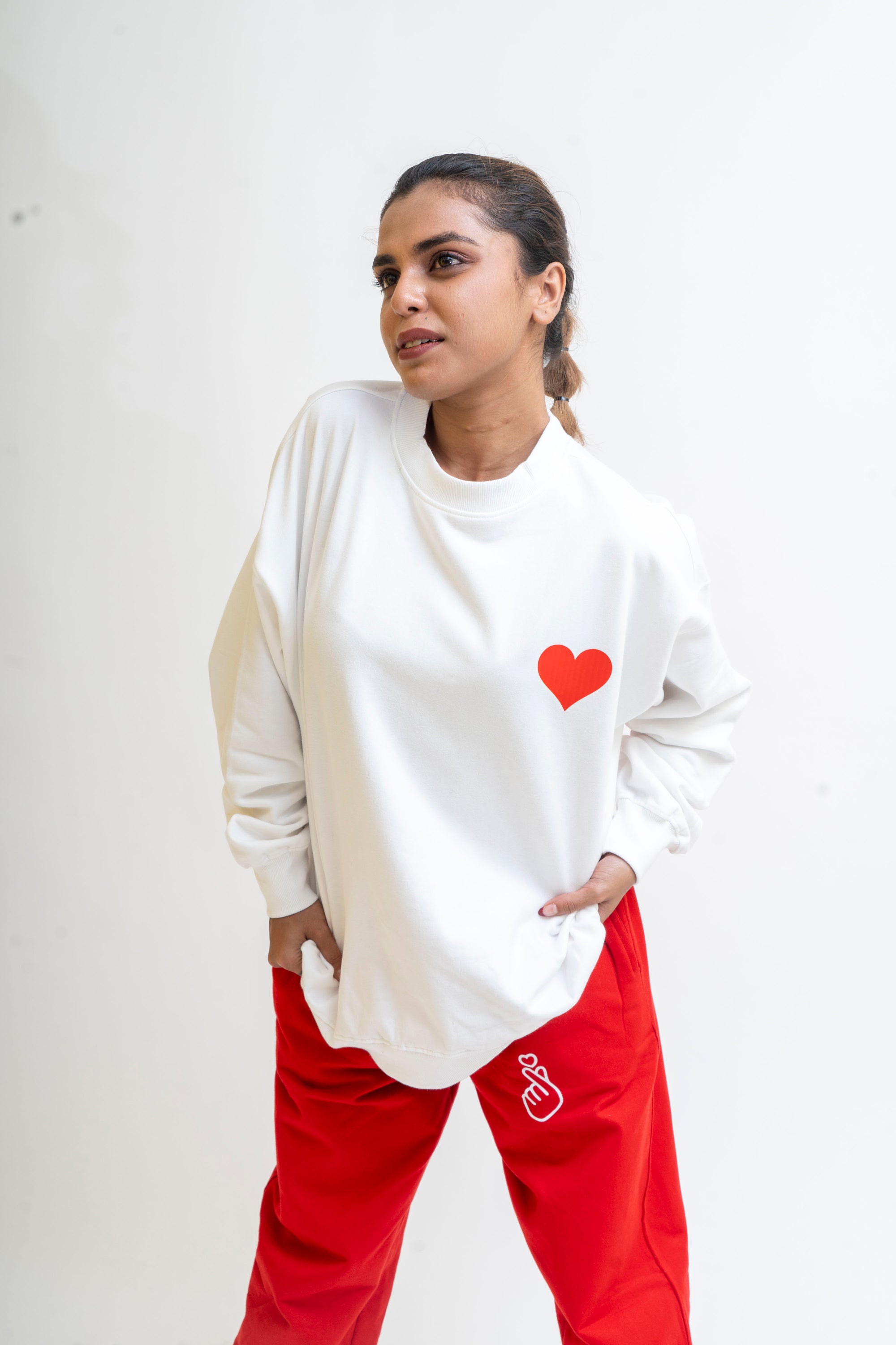 Women Oversized White Heart Sweatshirt